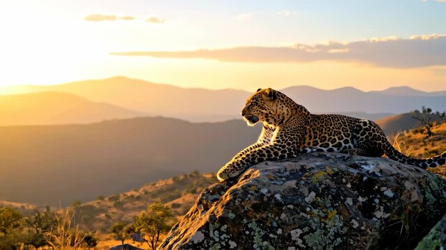 Majestic Leopard Resting on a Rock During Golden Hour Sunset.