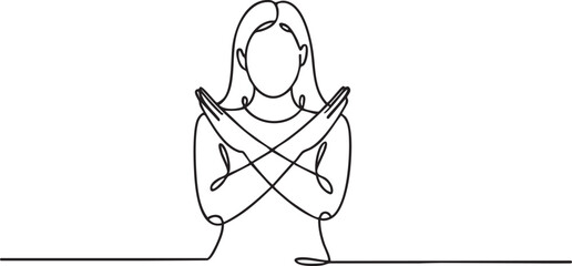 Continuous one line drawing of woman crossing arms to say no gesture showing refusal, stop sign, and rejection in minimalist outline style