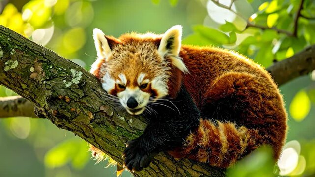 Adorable Red Panda Resting Peacefully on a Tree Branch.