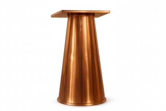 Copper metal trumpet pedestal table leg, contemporary furniture support element, isolated on transparent background