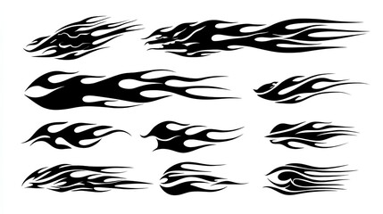 Flame decal. Fire abstract black silhouette flames for race car or tattoo. Tribal flame hotrod car vinyl decals and motorcycle airbrush stencil. Burning element vector set Stock Vector