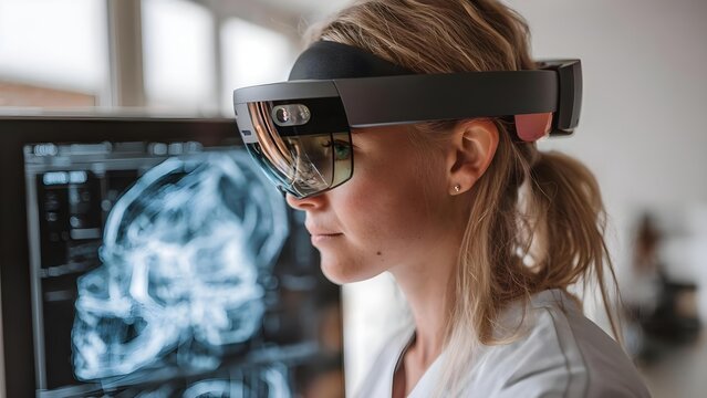 A medical professional wearing a futuristic augmented reality headset examines an X-ray on a computer monitor. Concept Futuristic medical tech, Augmented reality headset, X-ray diagnostics