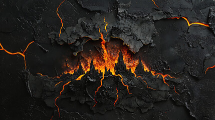 Molten fire erupts through fractured black stone, veins of lava pulsing with raw energy. A close up of primal force breaking through a hardened, cracked surface