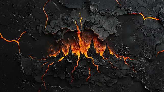 Molten fire erupts through fractured black stone, veins of lava pulsing with raw energy. A close up of primal force breaking through a hardened, cracked surface - Powered by Adobe