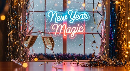 Sparkling champagne flutes await the magic of a festive New Year celebration with glowing lights and confetti.