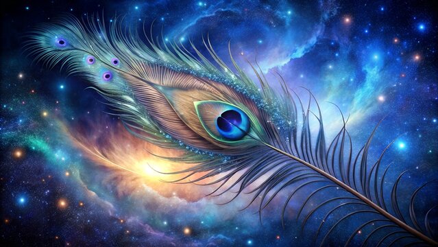 Ethereal peacock feather floating in a cosmic nebula with stars and galaxies