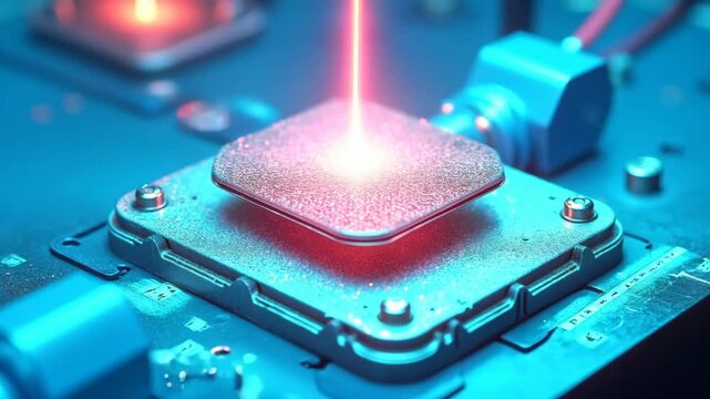 Laser‑cooled ion trap array glowing, vacuum chamber viewport with electrodes
