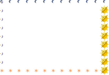 A white background with a decorative border featuring blue crescent moons, yellow suns, orange stars, and small blue circles.