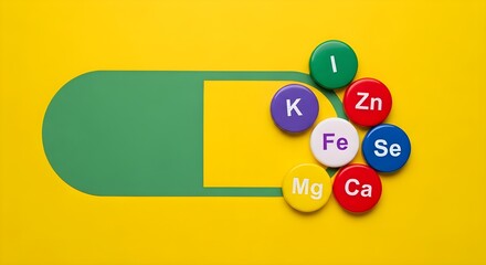 Colorful essential mineral symbols flowing from a medical capsule representing dietary supplements and nutrition.