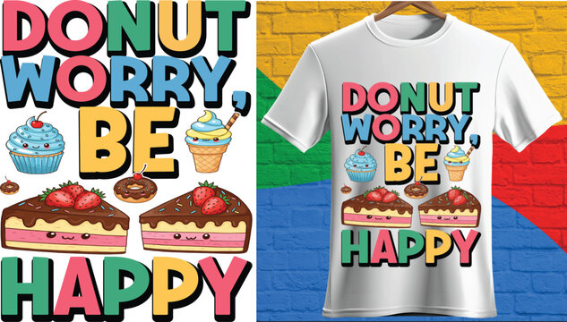 Donut worry be happy cheerful dessert graphic with donuts and cakes for apparel and gifts - Powered by Adobe