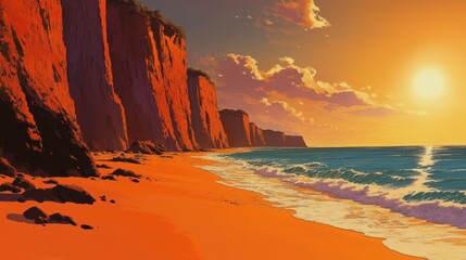Coastal Sunset, Red Cliffs, Beach Scene, Peaceful, Digital Art, Stock Photo
