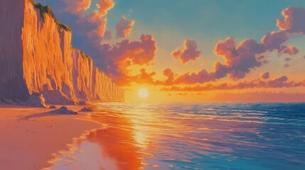 Coastal cliffs, sunset beach, tranquil scene