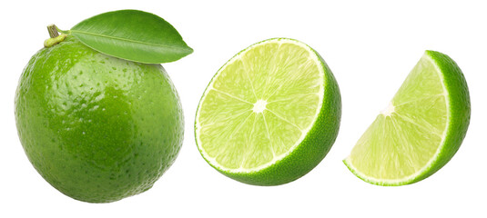 Close-up, fresh lime with leaves, half and slices isolated, transparent PNG, PNG format, Juicy Lime