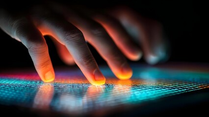 Close-up of a hand touching a neon, multicolored touchscreen; fingertips glow orange as they press the illuminated grid. Concept Close-up hand touch, Neon multicolor touchscreen