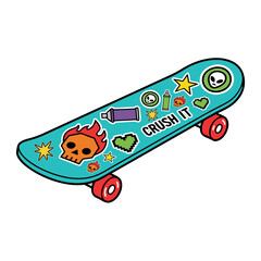 Colorful cartoon skateboard with edgy pop art stickers for youth culture and street style concepts