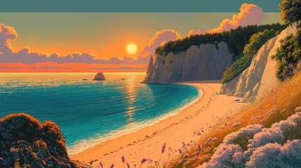 Coastal sunset, beach, cliffs, calm sea, idyllic landscape