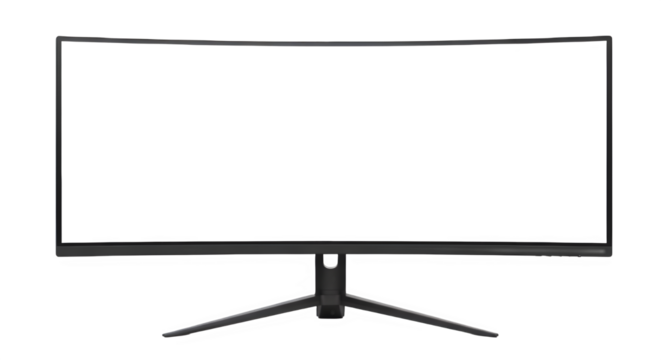 Curved ultra-wide gaming computer monitor display with blank screen isolated on white