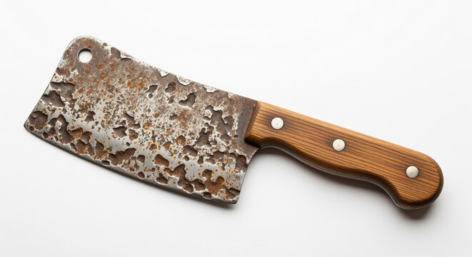 Meat cleaver, showcasing a vintage butcher knife with a heavily textured, rusty blade and a smooth wooden handle, set against a clean white background.