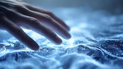 A hand gliding over a glowing blue field of flowing, wave-like lines with tiny lights. Concept Glowing blue field, flowing wave lines, tiny lights, hand gesture, futuristic texture