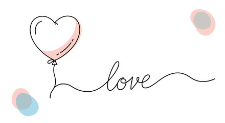 A simple illustration of a heart shaped balloon floating and tied with a string that spells out the word love.