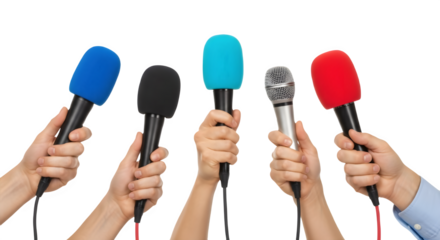 Hands holding multiple colorful microphones for press conference or media interview isolated on white
