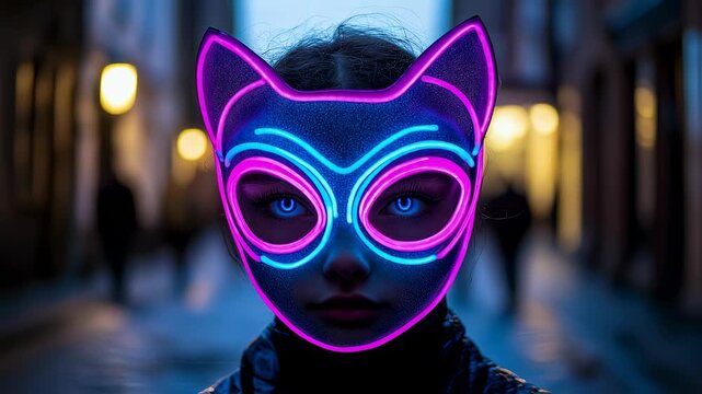 Girl wearing illuminated cat mask in urban alley at night  