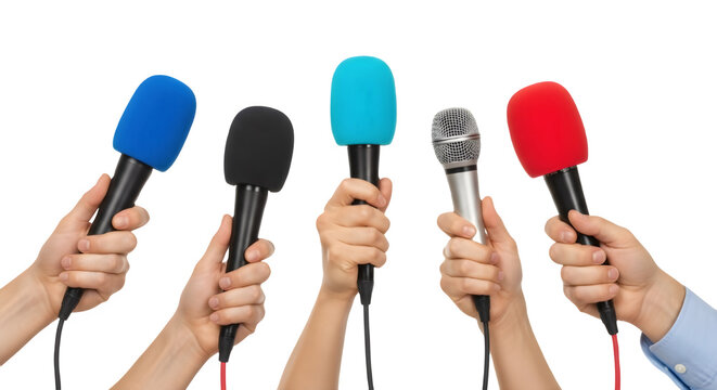 Hands holding multiple colorful microphones for press conference or media interview isolated on white