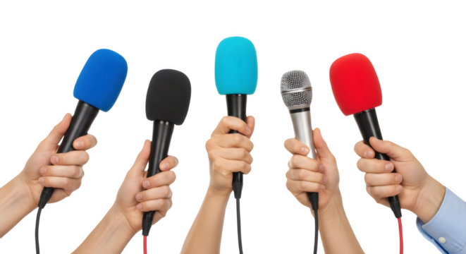 Hands holding multiple colorful microphones for press conference or media interview isolated on white - Powered by Adobe