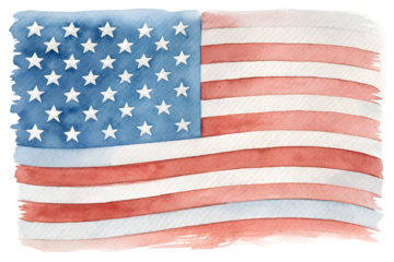 Watercolor USA text illustration featuring the American flag pattern — blue with white stars and red-and-white stripes. The hand-painted effect adds a soft, artistic touch. Perfect for patriotic desig