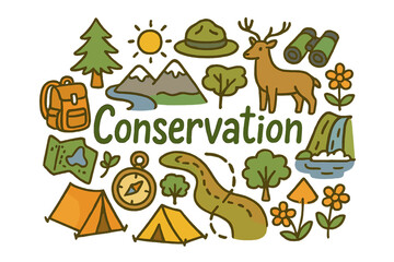 Naklejka premium Conservation Adventure Doodle. Conservation. Hand-drawn doodle illustration of Conservation. tree, river,