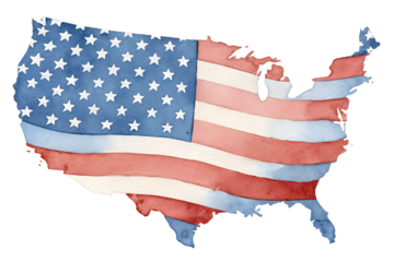 Watercolor USA text illustration featuring the American flag pattern — blue with white stars and red-and-white stripes. The hand-painted effect adds a soft, artistic touch. Perfect for patriotic desig