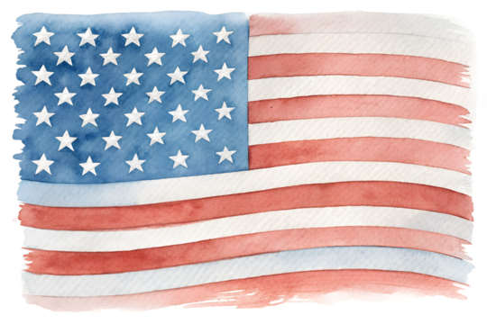 Watercolor USA text illustration featuring the American flag pattern — blue with white stars and red-and-white stripes. The hand-painted effect adds a soft, artistic touch. Perfect for patriotic desig
