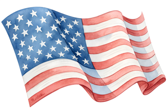 Watercolor USA text illustration featuring the American flag pattern — blue with white stars and red-and-white stripes. The hand-painted effect adds a soft, artistic touch. Perfect for patriotic desig