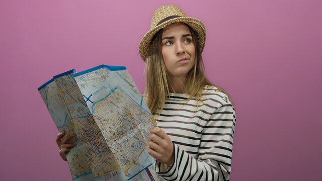 Young woman tourist with map wearing hat and striped shirt stands confused against isolated pink background wall.