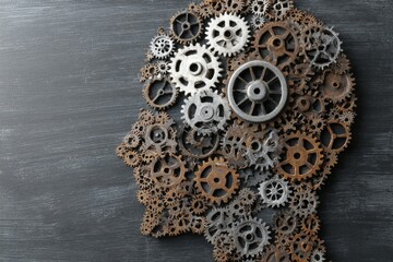 Gears arranged in a human head silhouette on a dark surface