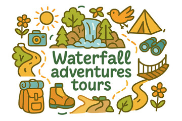 Fototapeta premium Waterfall Adventure Doodles. Waterfall adventures tours. Hand-drawn doodle illustration of Waterfall