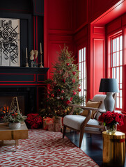 red living room with christmas tree