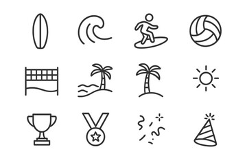 Beach Celebration Icons. Surfing or beach volleyball tournament celebrations. Line outline icon set of Surfing