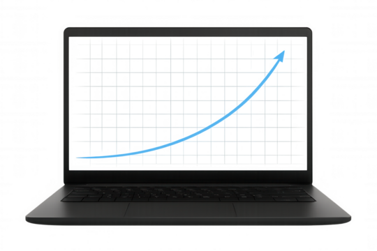 Laptop showing a dynamic growth graph, symbolizing business success, financial progress, and increasing market trends. Transparent background