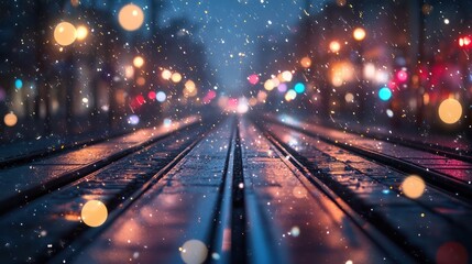 Snowy night city street rail tracks, bokeh, urban scene, suitable for wallpaper or background