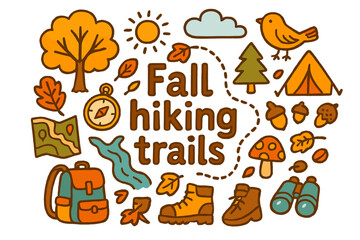 Fototapeta premium Autumn Hiking Adventures. Fall hiking trails. Hand-drawn doodle illustration of Fall hiking trails. trail,
