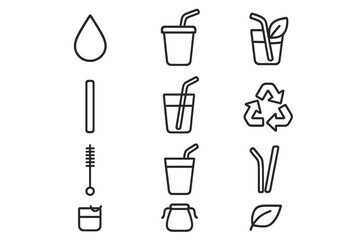 Eco-Friendly Straw Set. Reusable straw and eco-friendly cup. Line outline icon set of Reusable straw and