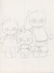 Adorable pencil sketch of a bunny family in a simple, childish style. Minimalist hand-drawn outline perfect for coloring, painting, or springtime art projects for kids.