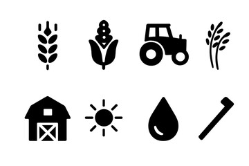 Crop Production Icons. Crop Production. Filled icon set of Crop Production: wheat stalk, corn, rice bundle,
