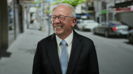 Fototapeta premium Senior man in a suit stands outdoors on a busy street expressing various emotions, surrounded by urban street scene, conveying professionalism and urban lifestyle.