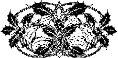 Elegant vintage holly leaf and berry ornamental design perfect for festive holiday decor and sophisticated seasonal branding projects © Artesian Edge