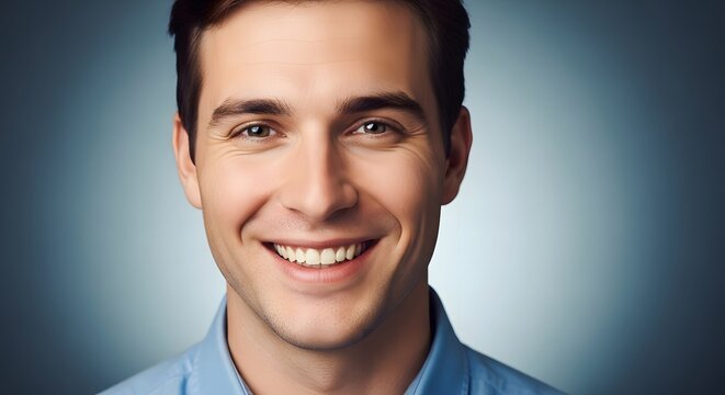 Headshot of a cheerful and confident young man in a blue shirt, smiling genuinely at the camera against a soft gradient background, embodying positivity and approachability and a bright future