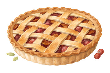 Watercolor lattice pie with golden crust and sweet filling, hand painted bakery dessert illustration. Rustic homemade tart isolated on transparent background, perfect for autumn recipes, Thanksgiving 