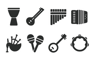 Fototapeta premium Iconic Regional Instruments. Regional Music Instruments. Filled icon set of Regional Music Instruments: djembe