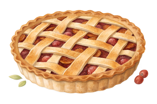 Watercolor lattice pie with golden crust and sweet filling, hand painted bakery dessert illustration. Rustic homemade tart isolated on transparent background, perfect for autumn recipes, Thanksgiving 
